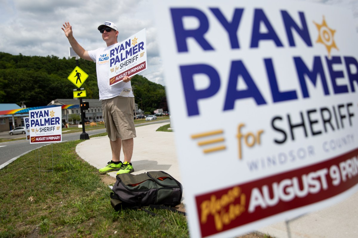 A man stands on a sidewalk, holding a "Ryan Palmer for Sheriff" sign, with multiple campaign signs posted on the grass around him.