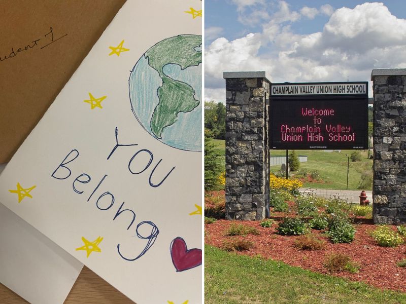 A card with "You Belong" next to an envelope labeled "Student 1," and Champlain Valley Union High School's sign against a cloudy sky background.