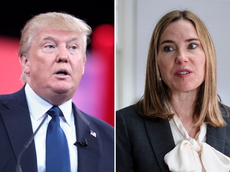 A man in a suit on the left and a woman in a suit with a blouse on the right, both looking in different directions.