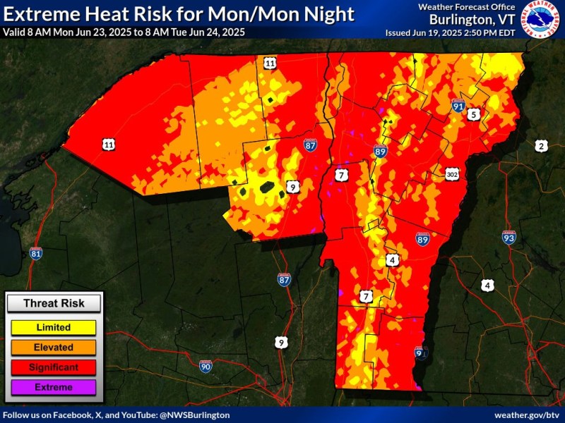 Weather map of Burlington, VT area showing extreme heat risk for June 23-24, 2025; most regions marked in red for extreme threat with some areas in orange and yellow for significant or elevated risk.