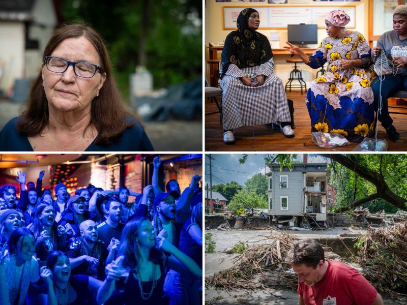 A collage depicting four scenes: a woman outdoors, three women conversing indoors, a group at a lively event, and a man near a damaged house and fallen tree.