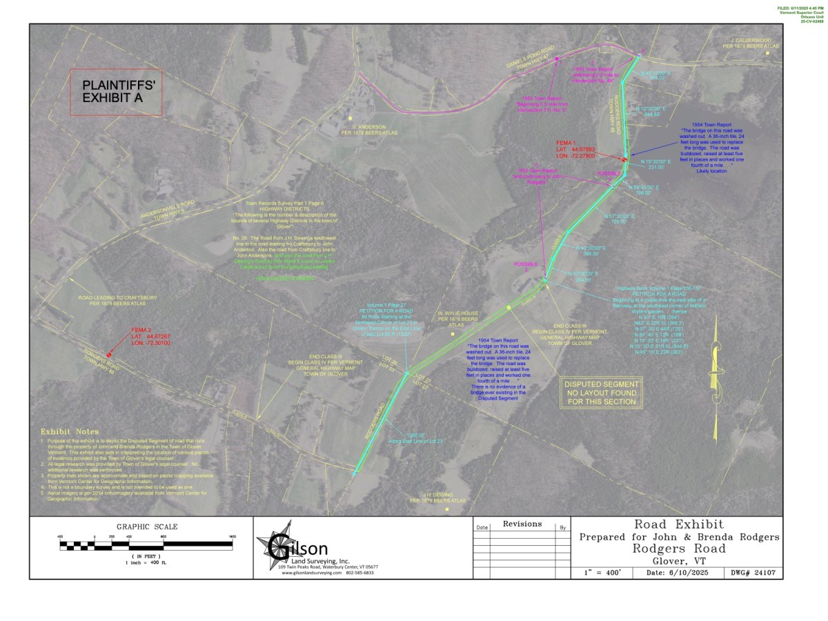 Aerial map showing property boundaries, disputed road segments, landmarks, and annotations related to John & Brenda Rodgers' property on Rodgers Road in Gore, Virginia.