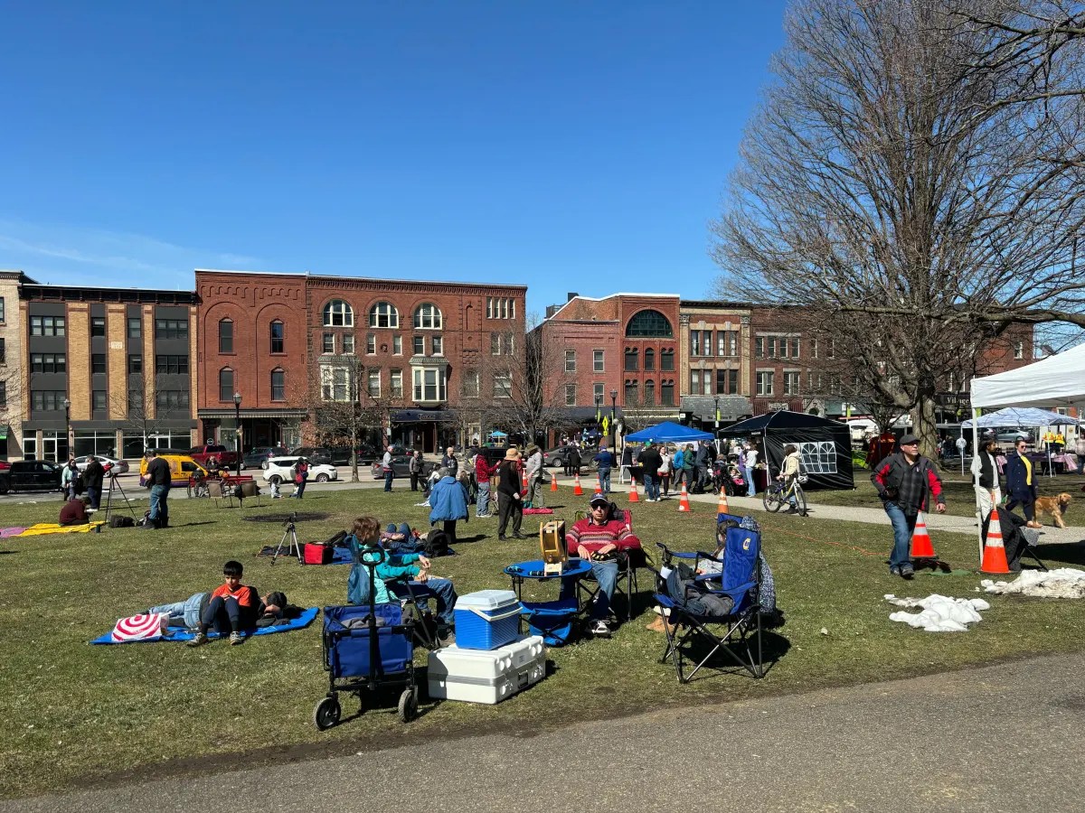 Outdoor community event with people gathering in a park, some sitting on the grass and others walking among stalls and tents, with historic buildings in the background.