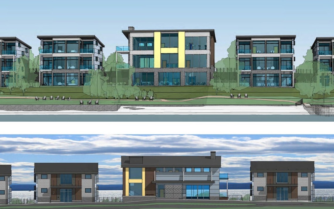 Architectural renderings of modern multi-story residential buildings with large windows, balconies, and landscaped green areas in front; water and sky visible in background.