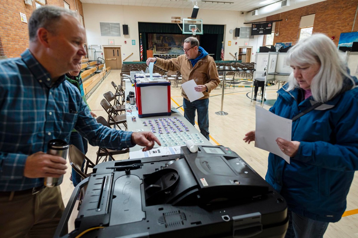 A man and a woman standing in front of a voting machine.