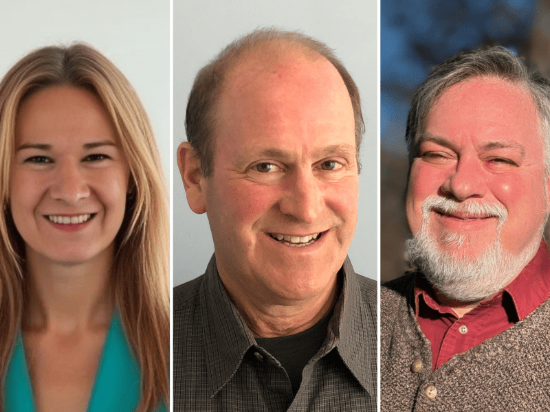 Three people are shown smiling in separate portrait shots against different backgrounds.