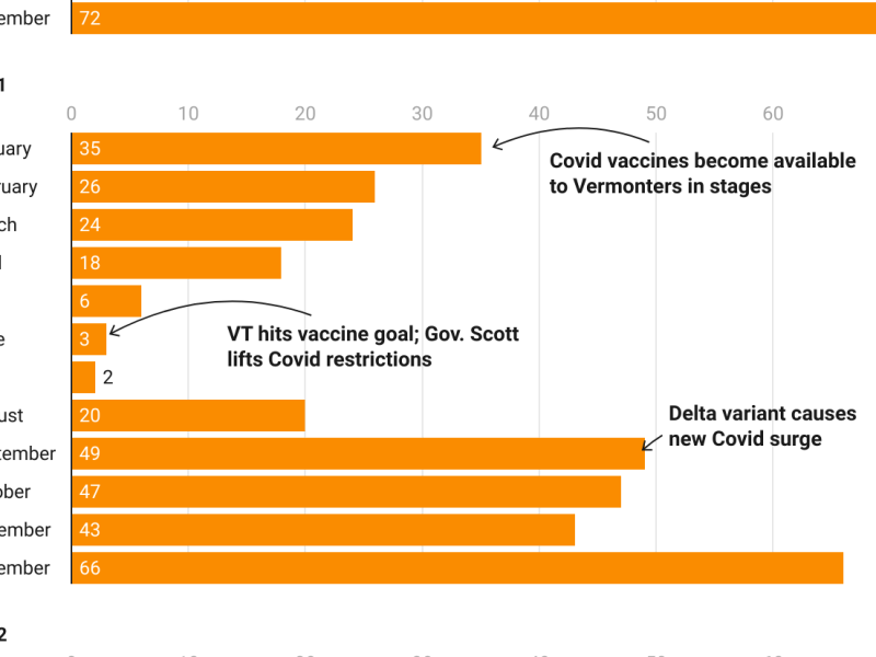 Bar chart showing monthly COVID-19 cases in Vermont for 2021. Notable events: vaccine availability in January, restrictions lifted in June, and a surge due to the Delta variant in August.