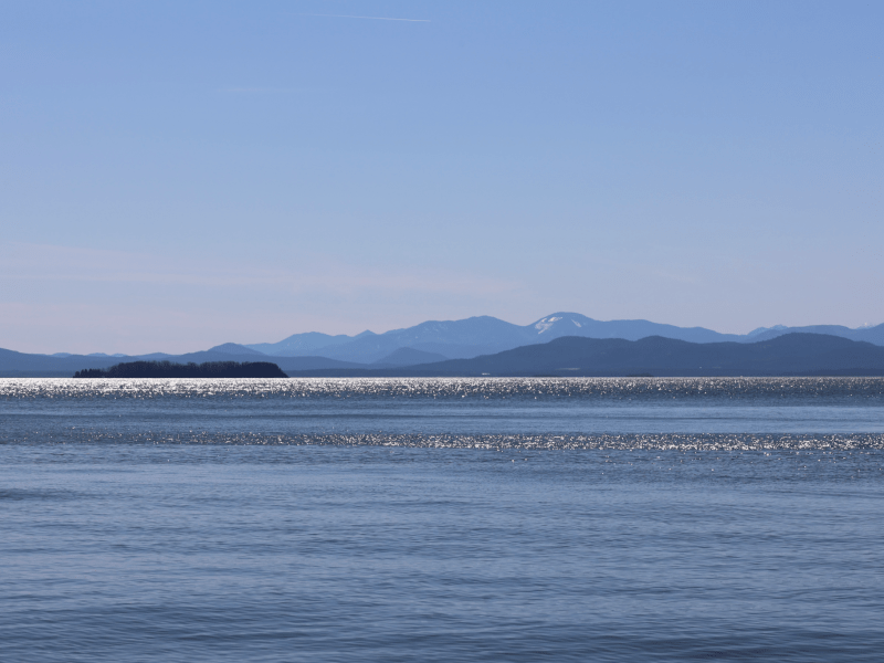 A serene lake with gentle waves under a clear blue sky, distant mountains on the horizon, and sunlight reflecting on the water.