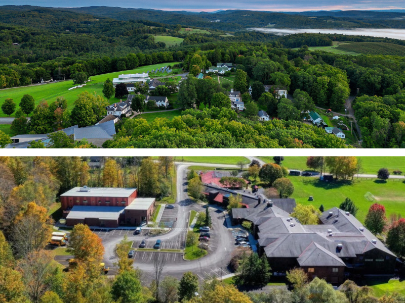 Two aerial views: the top shows a green, hilly campus with several buildings; the bottom features a smaller campus area with parking lots and autumn trees.