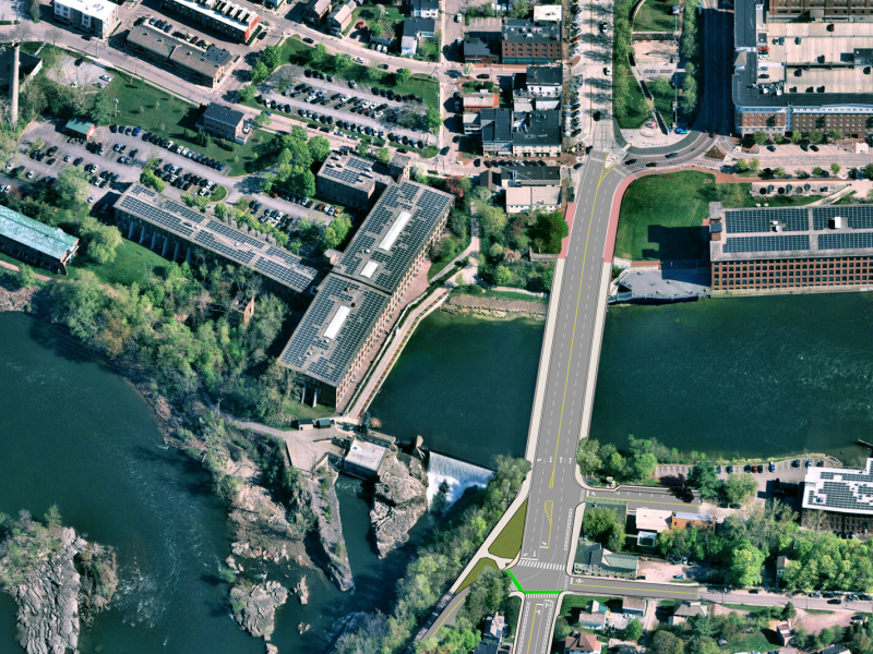 A rendering of a new bridge over a river connecting two small cities.